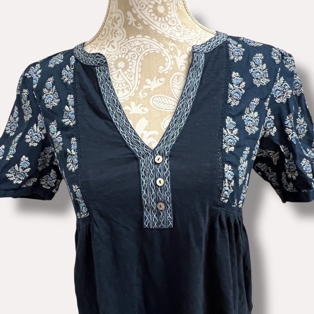 Lucky Brand Boho Peasant Top Navy Blue Floral Short Sleeve V Neck Women S/P - Picture 11 of 13